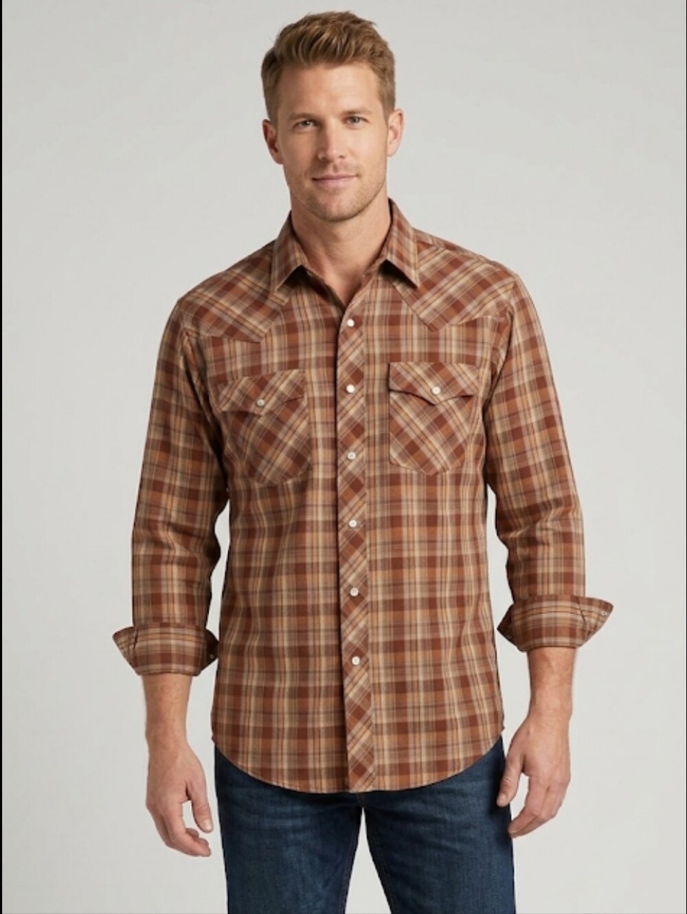 Chute#1 Brown/Tan Western Pearl Snap Cowboy Plaid Shirt Men's Size Medium 15 1/2